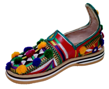 Traditional Moroccan Berber Leather Shoe with Pom-Poms
